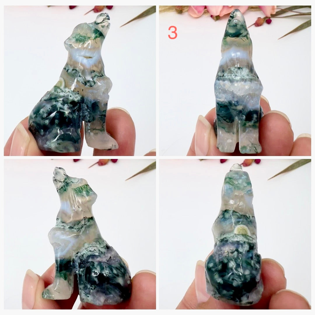 Small Moss Agate Wolves Dogs Crystal Carvings Australian Seller