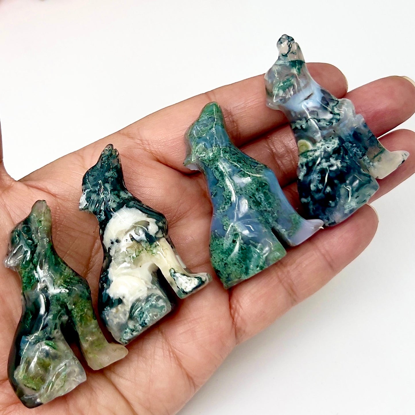 Small Moss Agate Wolves Dogs Crystal Carvings Australian Seller