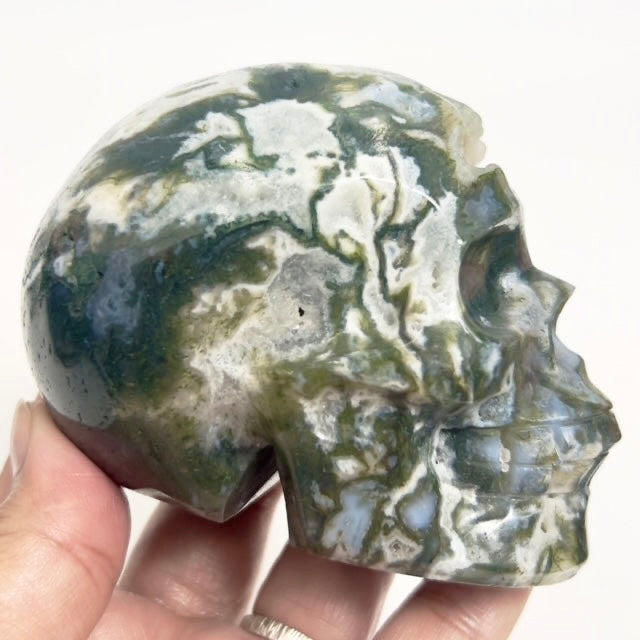 Moss Agate Skull Healing Crystal Carving 537g