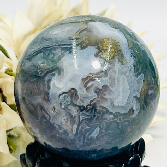 Moss Agate Green Blue Sphere Healing Crystal Ball 356g 63mm