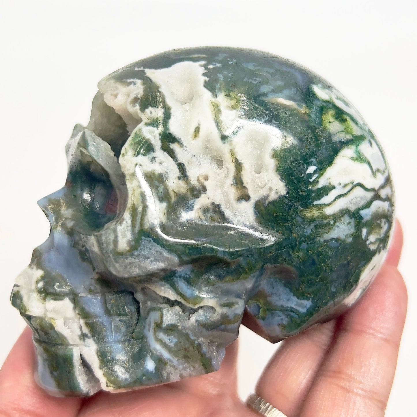 Moss Agate Skull Healing Crystal Carving 537g