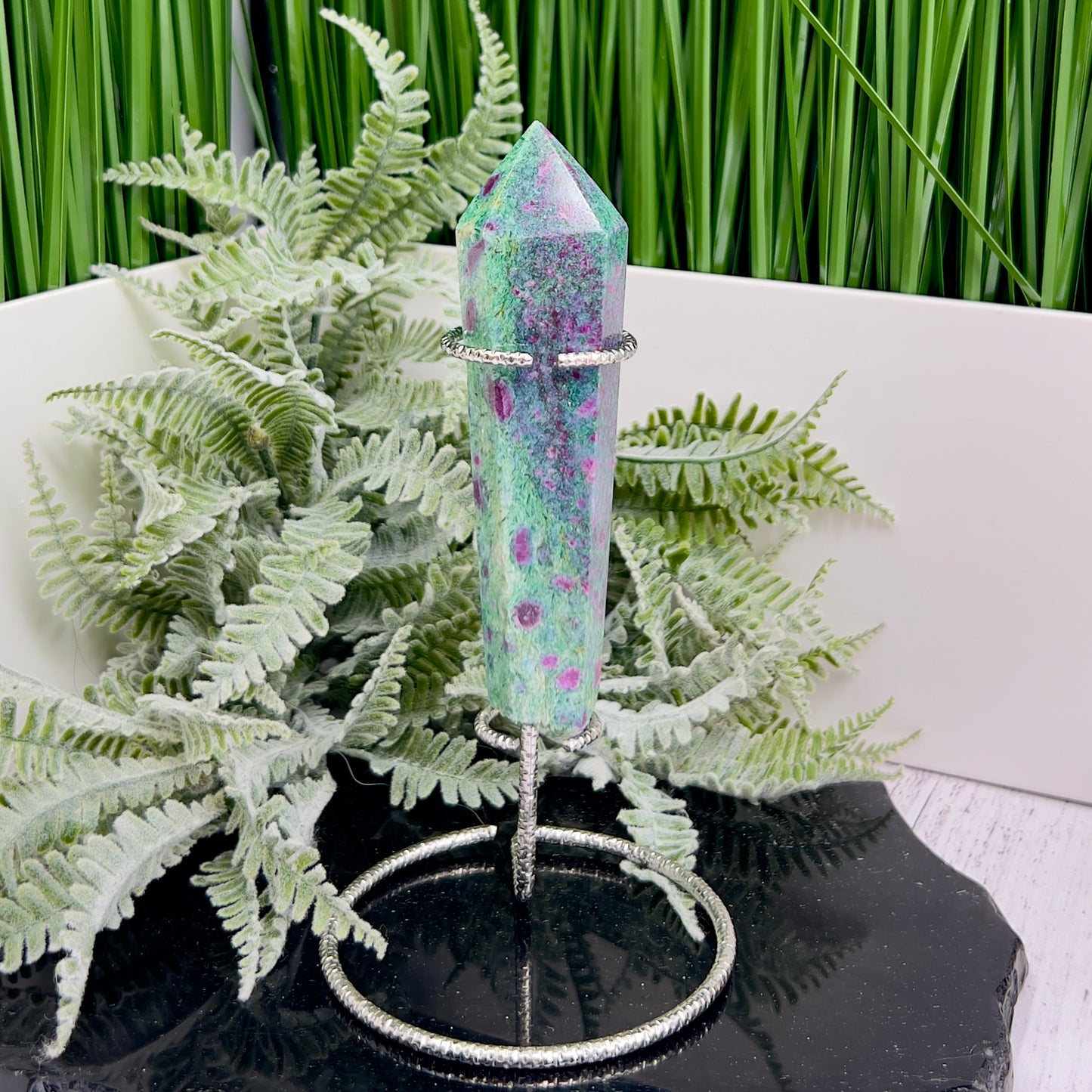 Ruby in Fuchsite UV Reactive Crystal Wand in Stand Generator 184g 121mm