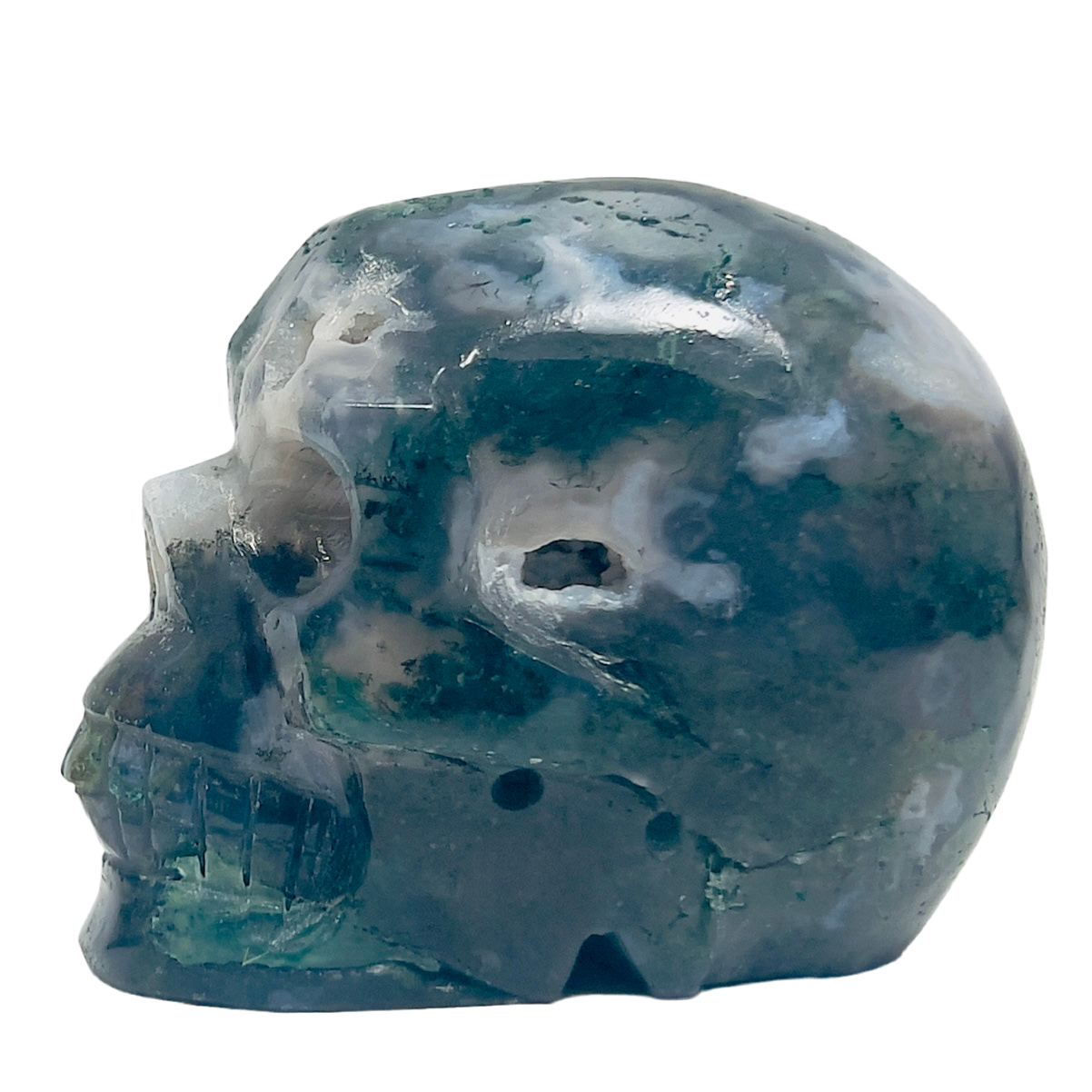 Moss Agate Skull Healing Crystal Carving 647g