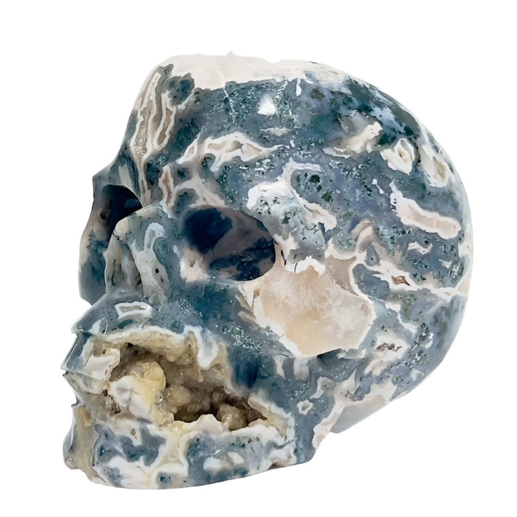 Moss Agate Skull Healing Crystal Carving 1455g