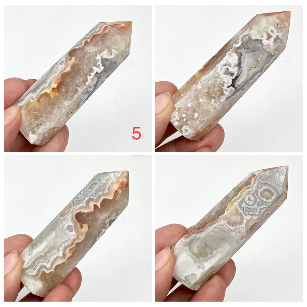 White Mexican Crazy Lace Agate Points Towers Crystal Generators