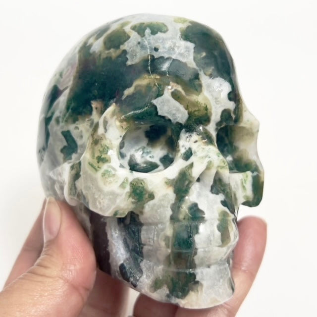 Moss Agate Skull Healing Crystal Carving 707g