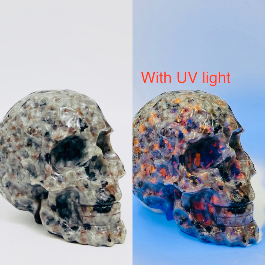 Yooperlite Skull Filigree Design UV Reactive Healing Crystal Carving 570g