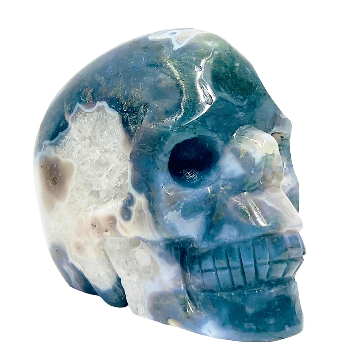 Moss Agate Skull Healing Crystal Carving 877g