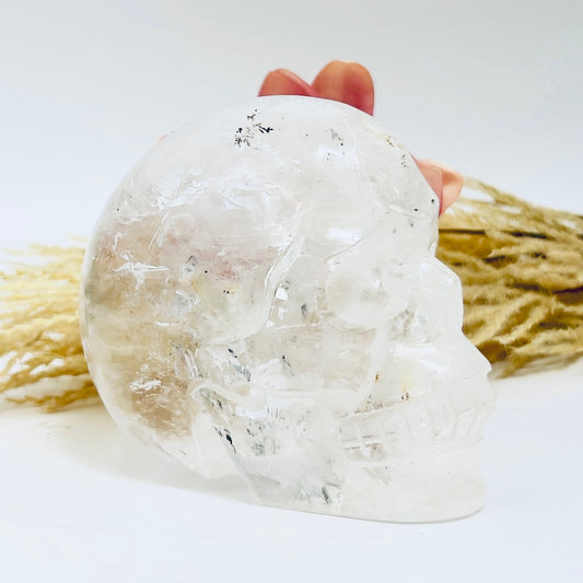 Clear Quartz with Golden Healer Dendrites Skull Healing Crystal Carving 892g