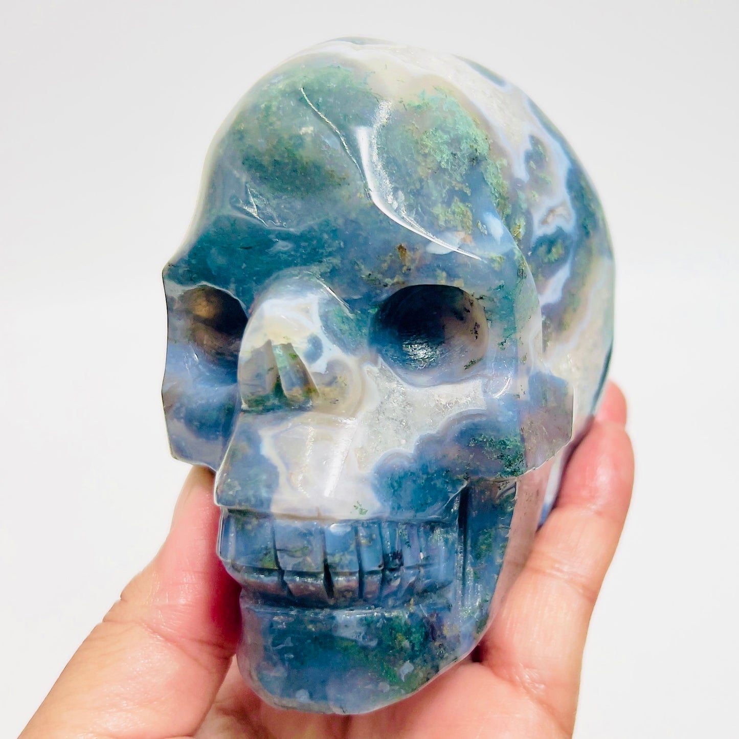 Moss Agate Skull Healing Crystal Carving 877g