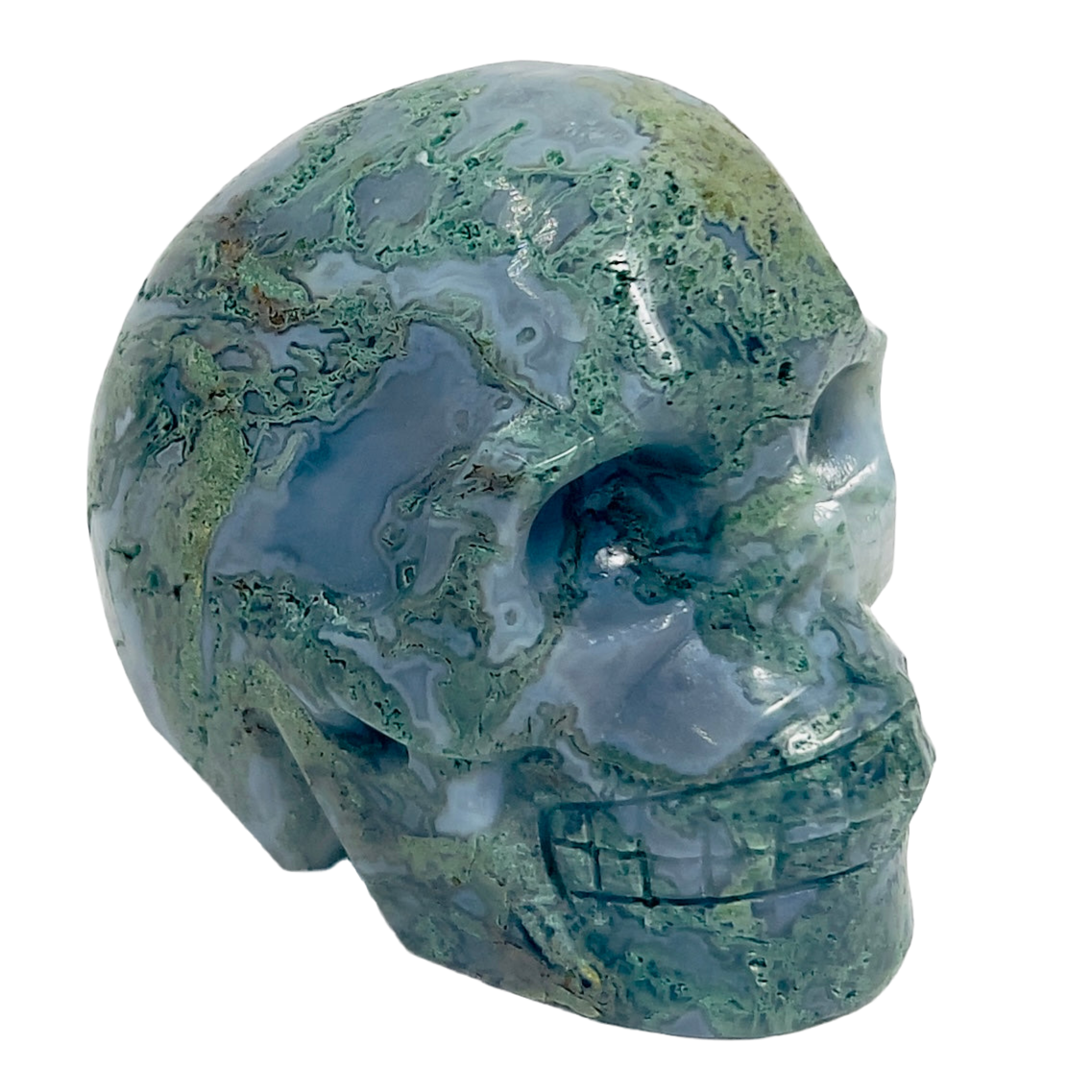 Moss Agate Skull Healing Crystal Carving 432g