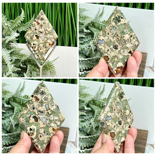 Rainforest Jasper Green Rhyolite Rhombus Display with Stand Healing Crystal Carving