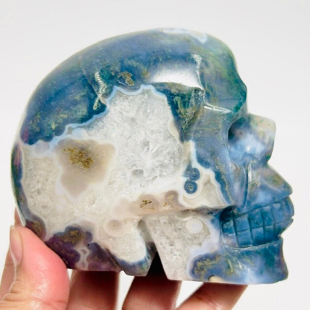 Moss Agate Skull Healing Crystal Carving 877g