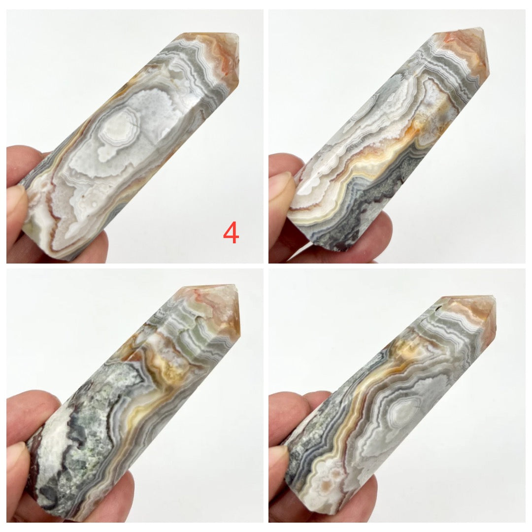 White Mexican Crazy Lace Agate Points Towers Crystal Generators