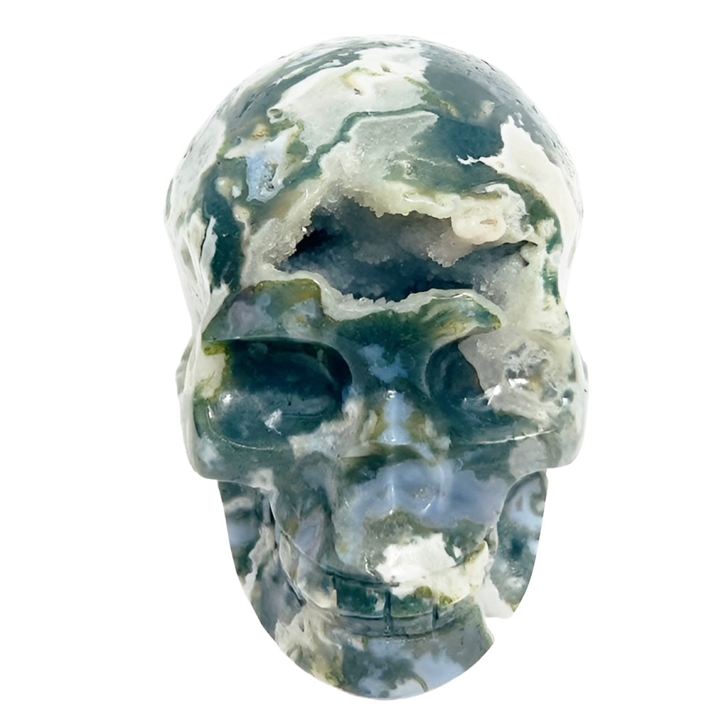 Moss Agate Skull Healing Crystal Carving 537g