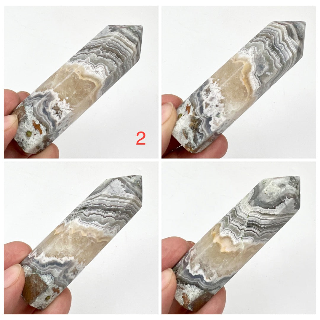 White Mexican Crazy Lace Agate Points Towers Crystal Generators