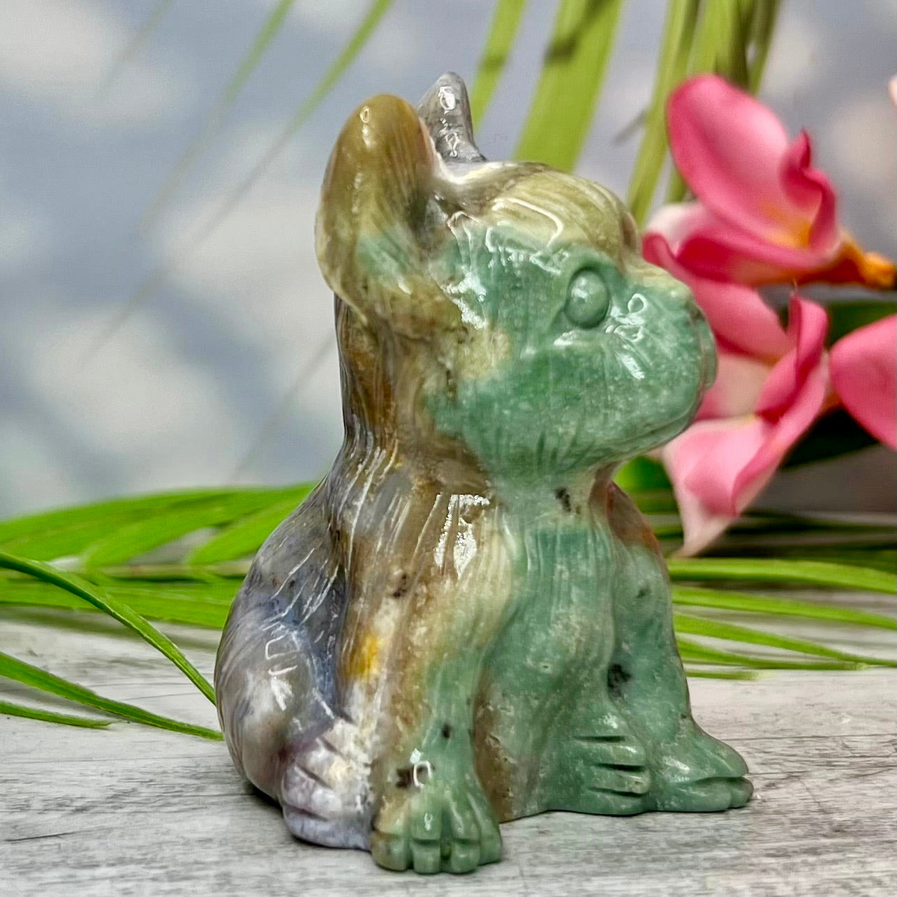 Ocean Sea Jasper French Bull Dog Crystal Puppy Carving Australian Seller