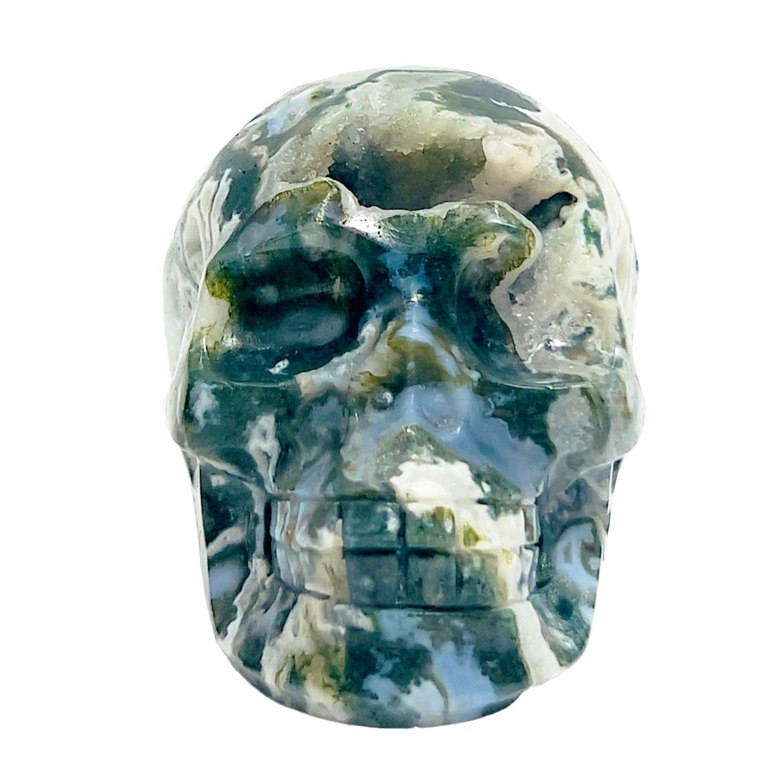 Moss Agate Skull Healing Crystal Carving 537g