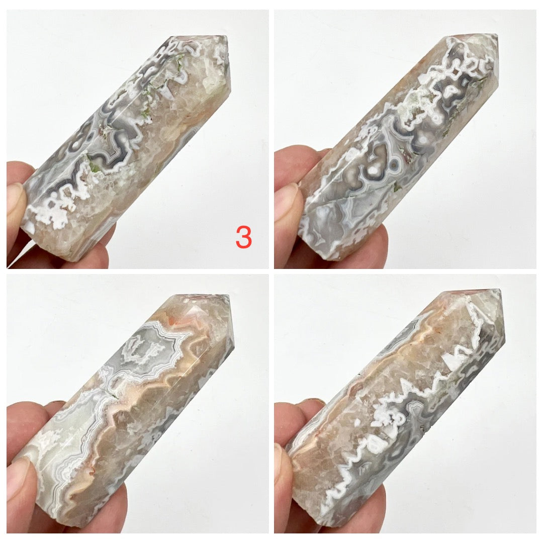 White Mexican Crazy Lace Agate Points Towers Crystal Generators