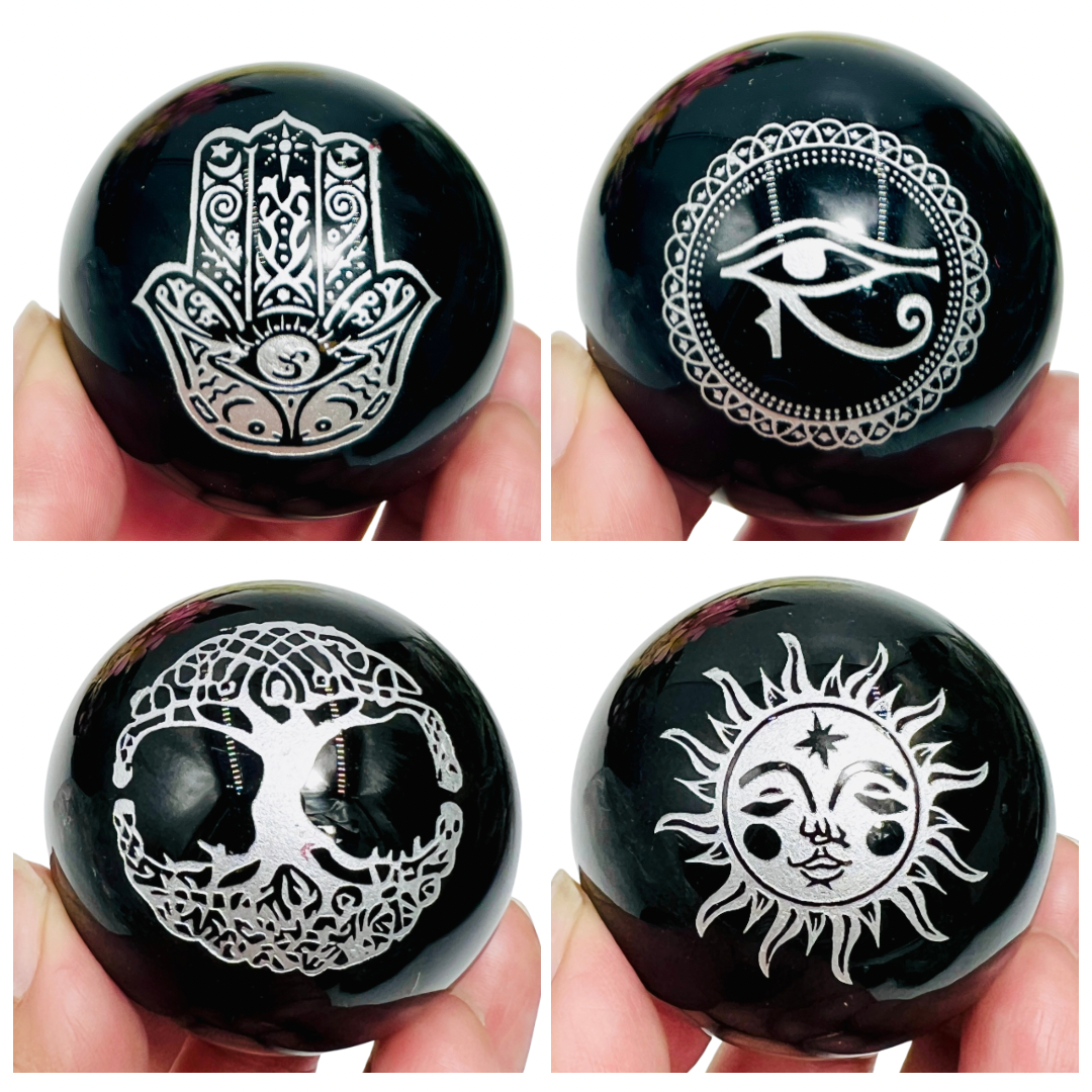 Black Obsidian Spheres Hamsa Tree of Life Eye of Horus Sun Crystal Ball