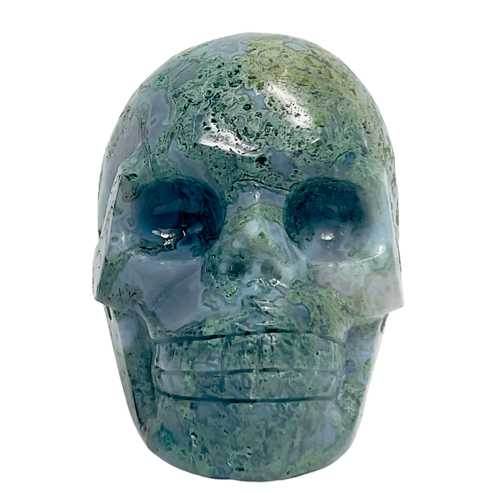 Moss Agate Skull Healing Crystal Carving 432g