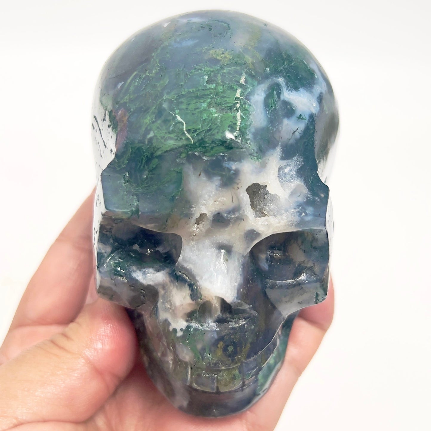 Moss Agate Skull Healing Crystal Carving 647g