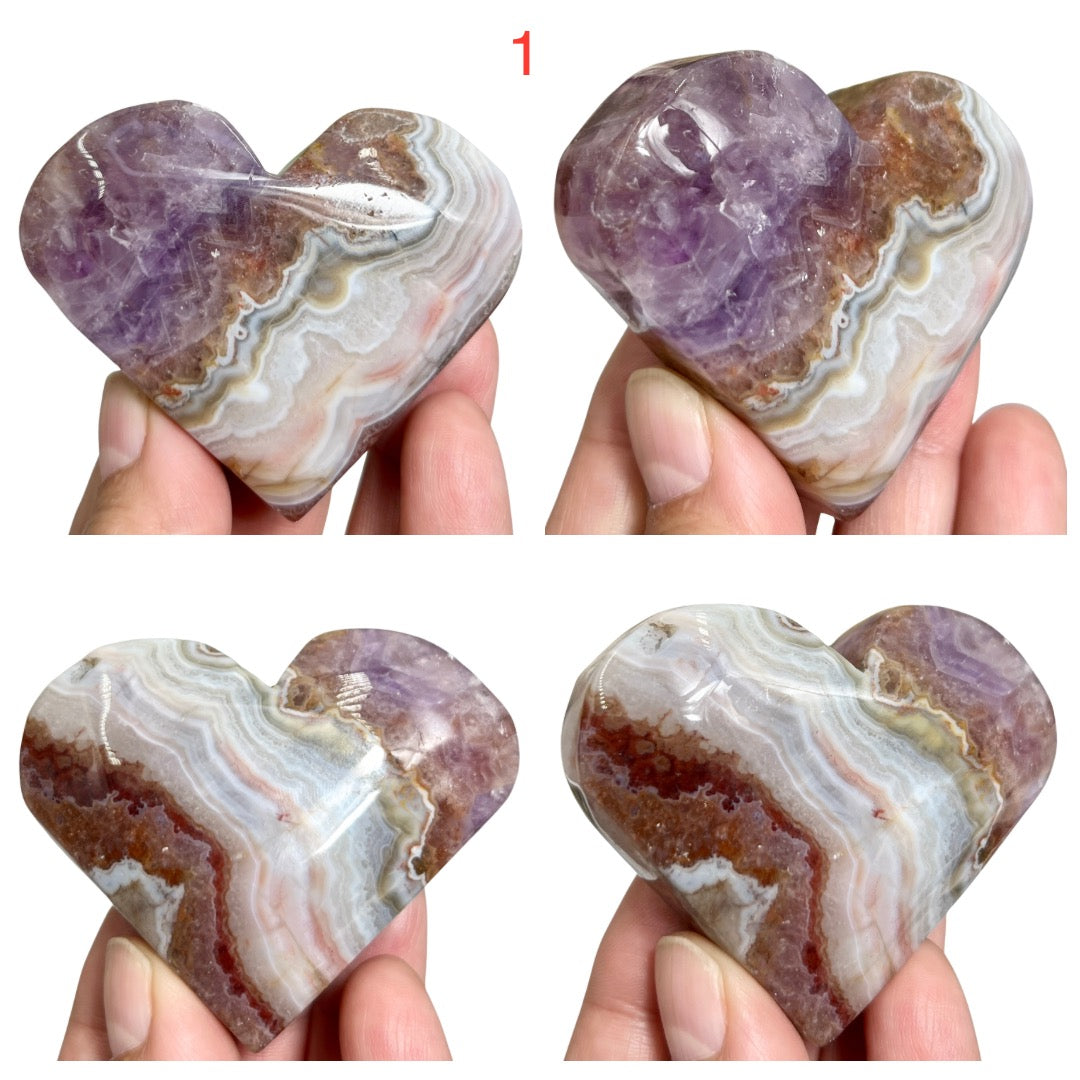 Amethyst with Mexican Lace Agate Hearts Healing Crystal Carving