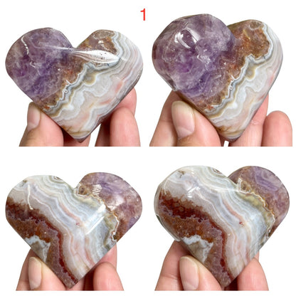 Amethyst with Mexican Lace Agate Hearts Healing Crystal Carving