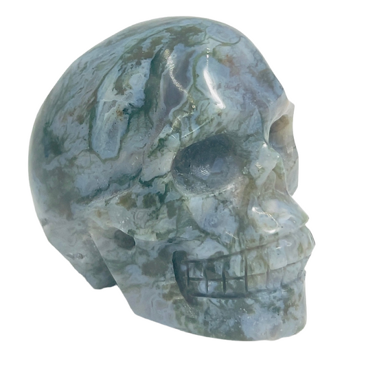 Moss Agate Skull Healing Crystal Carving 458g