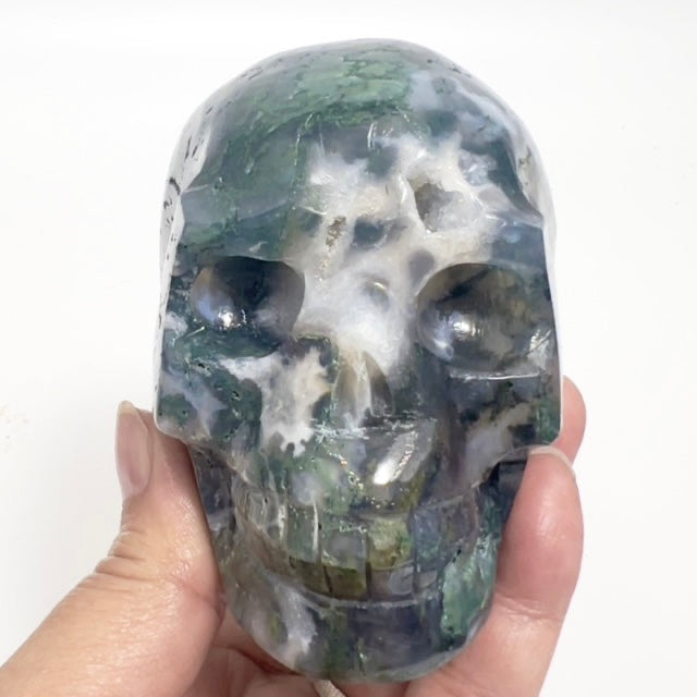 Moss Agate Skull Healing Crystal Carving 647g