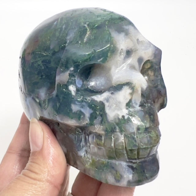 Moss Agate Skull Healing Crystal Carving 647g