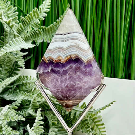 Amethyst with Mexican Lace Agate Rhombus with Stand Healing Crystal Carving