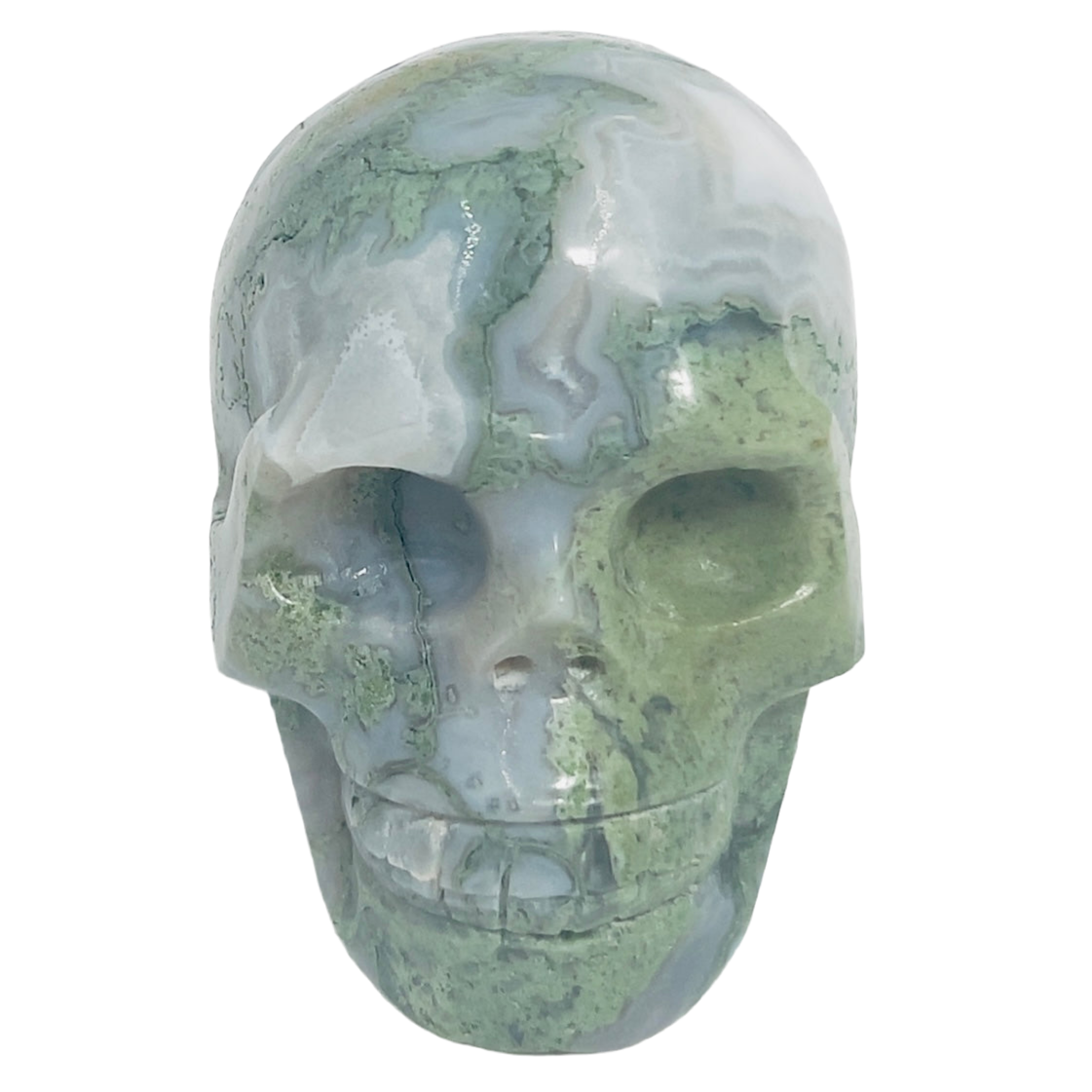 Moss Agate Skull Healing Crystal Carving 428g