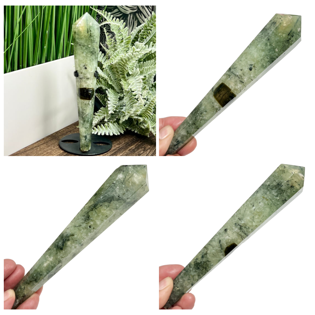 Prehnite with Epidote Wand with Stand Healing Crystal Carving