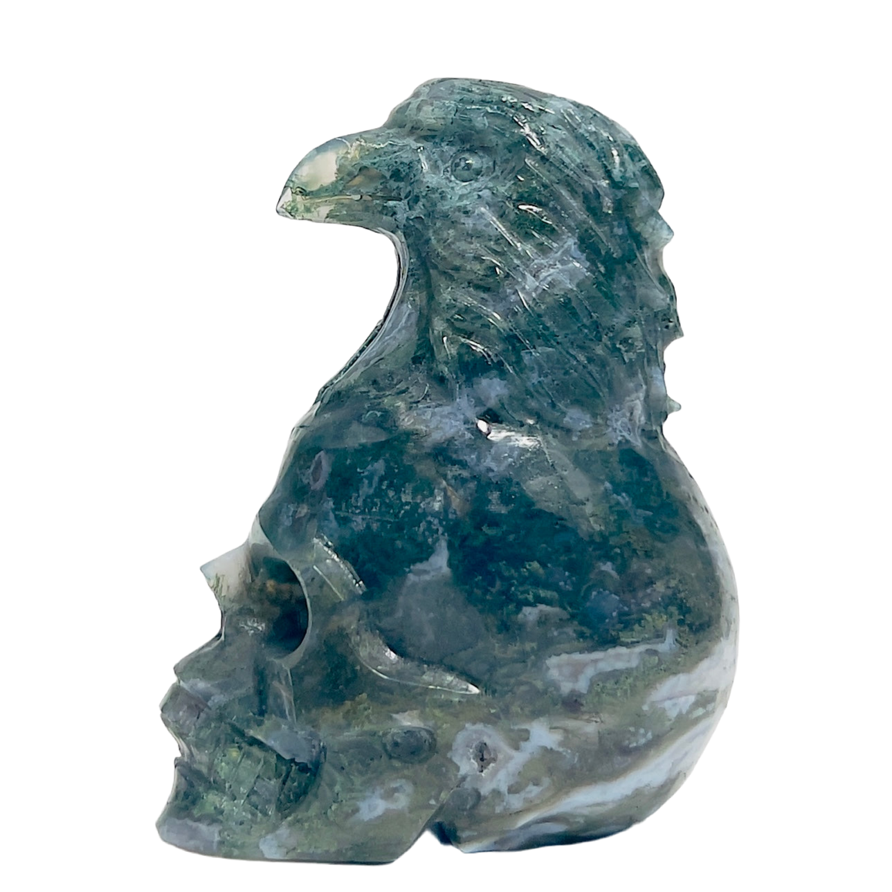 Moss Agate Eagle Bird on Skull Healing Crystal Carving 1092g