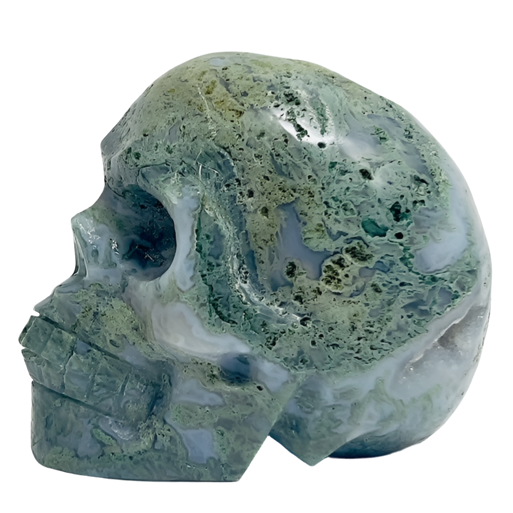 Moss Agate Skull Healing Crystal Carving 432g