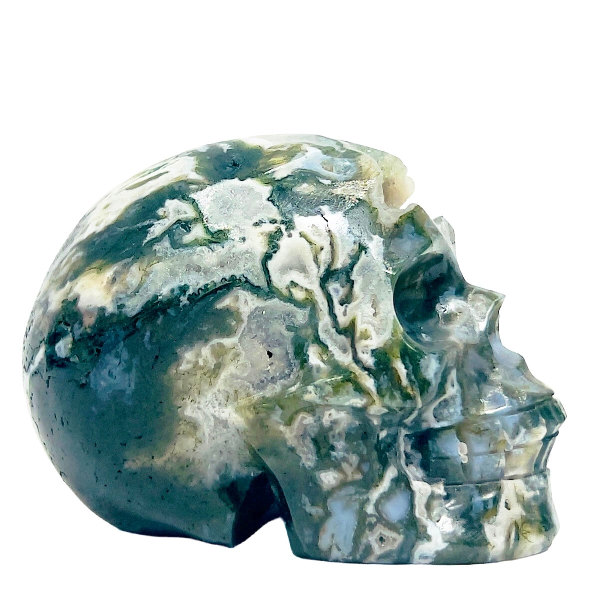 Moss Agate Skull Healing Crystal Carving 537g