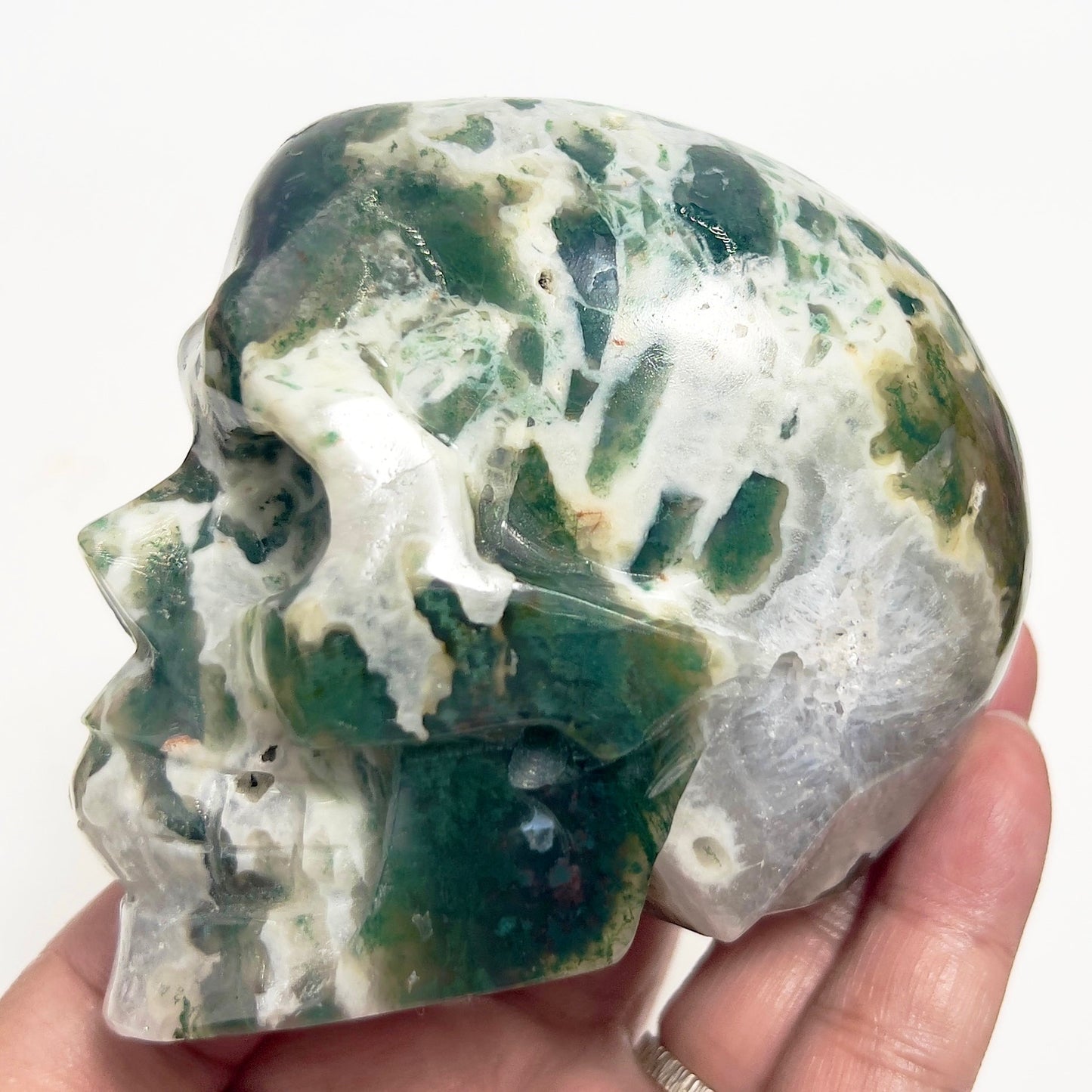 Moss Agate Skull Healing Crystal Carving 707g