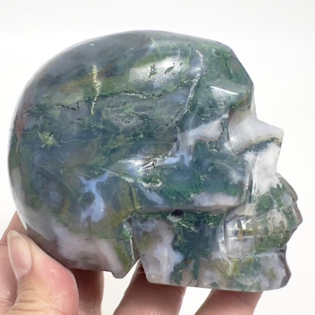 Moss Agate Skull Healing Crystal Carving 647g