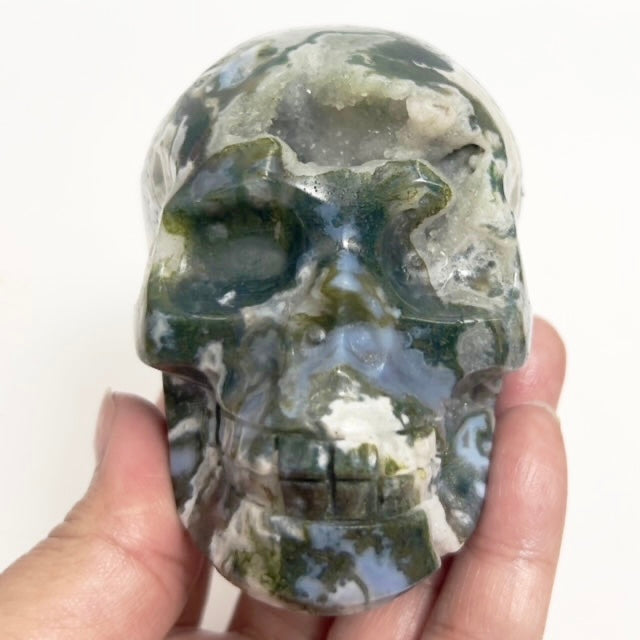 Moss Agate Skull Healing Crystal Carving 537g