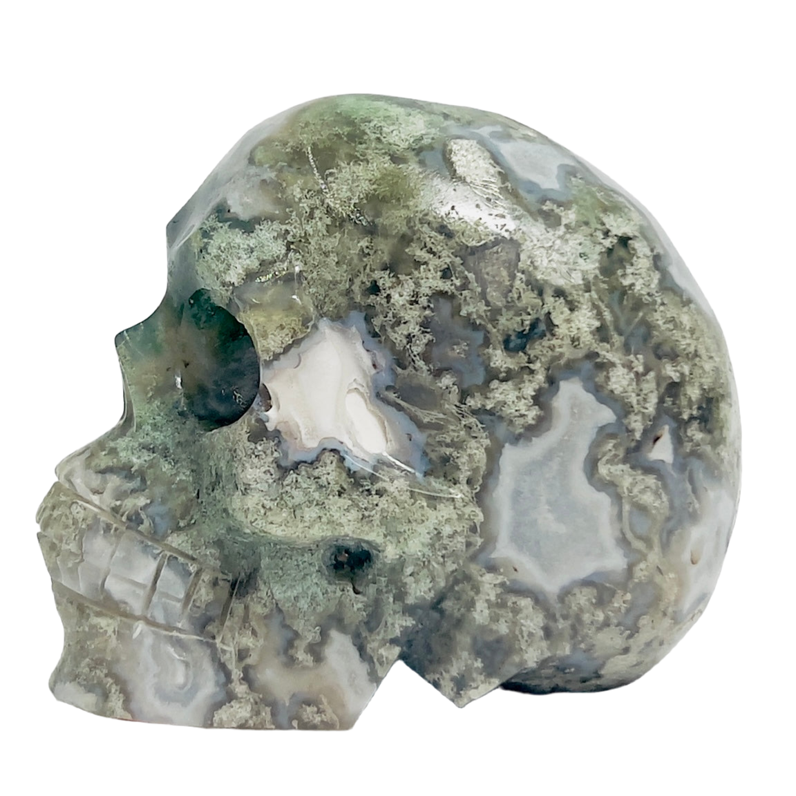 Moss Agate Skull Healing Crystal Carving 413g