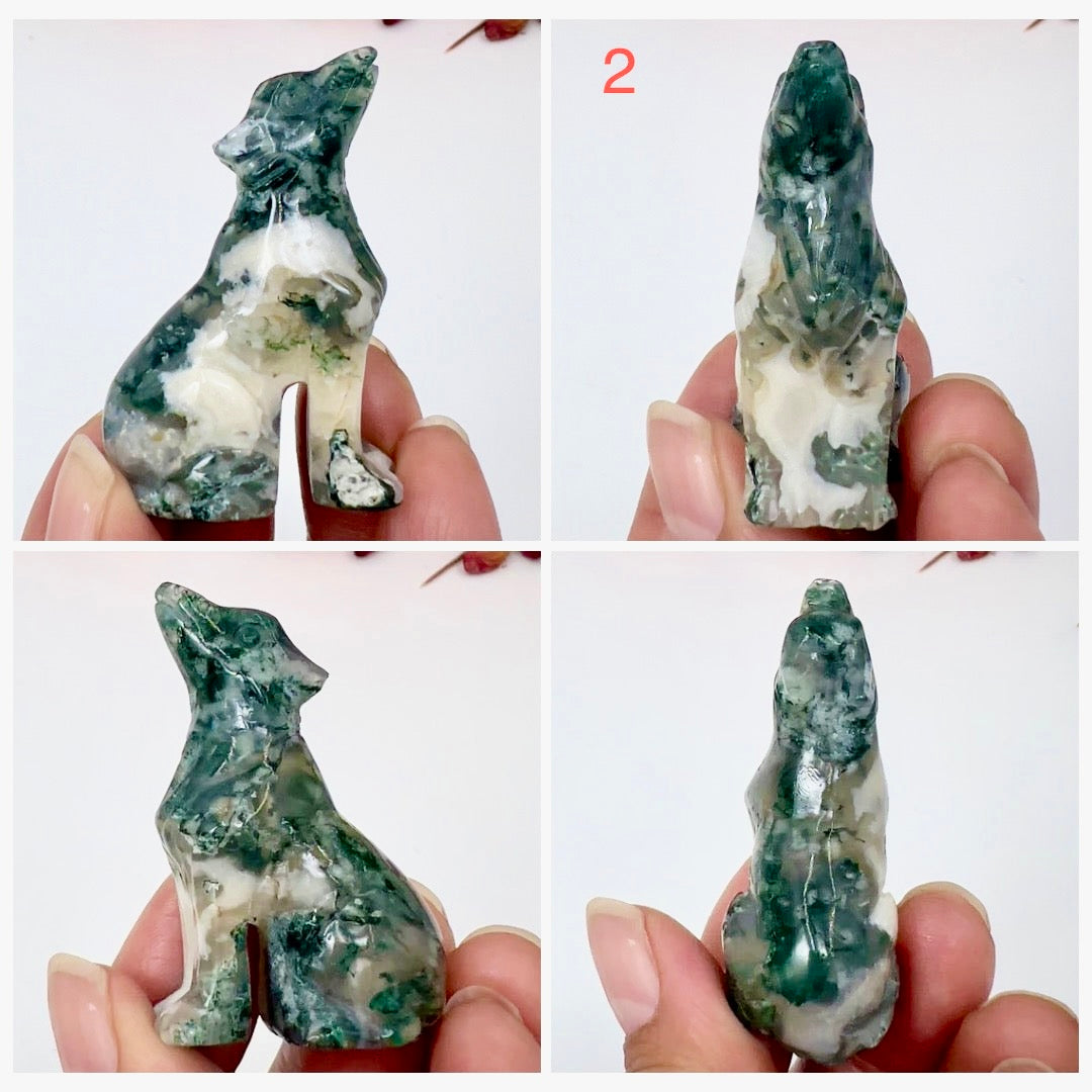 Small Moss Agate Wolves Dogs Crystal Carvings Australian Seller