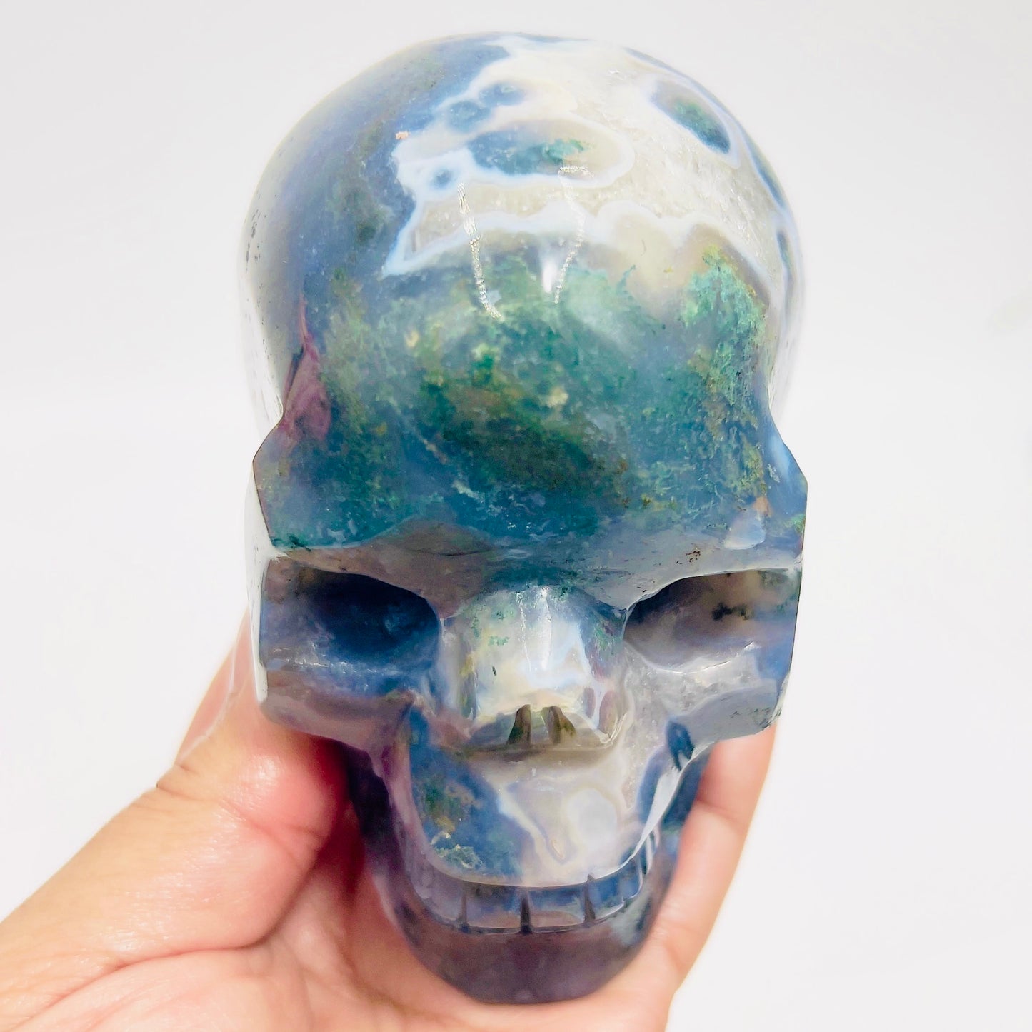 Moss Agate Skull Healing Crystal Carving 877g