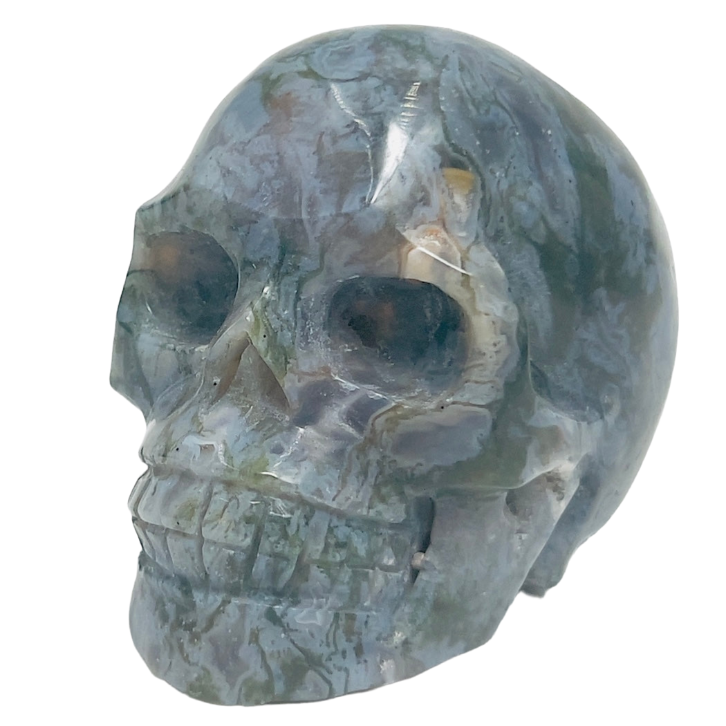 Moss Agate Skull Healing Crystal Carving 458g