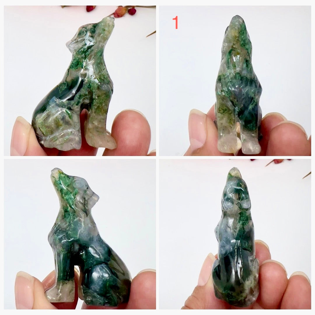 Small Moss Agate Wolves Dogs Crystal Carvings Australian Seller