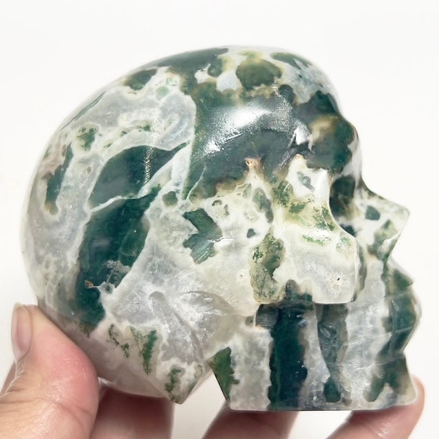 Moss Agate Skull Healing Crystal Carving 707g