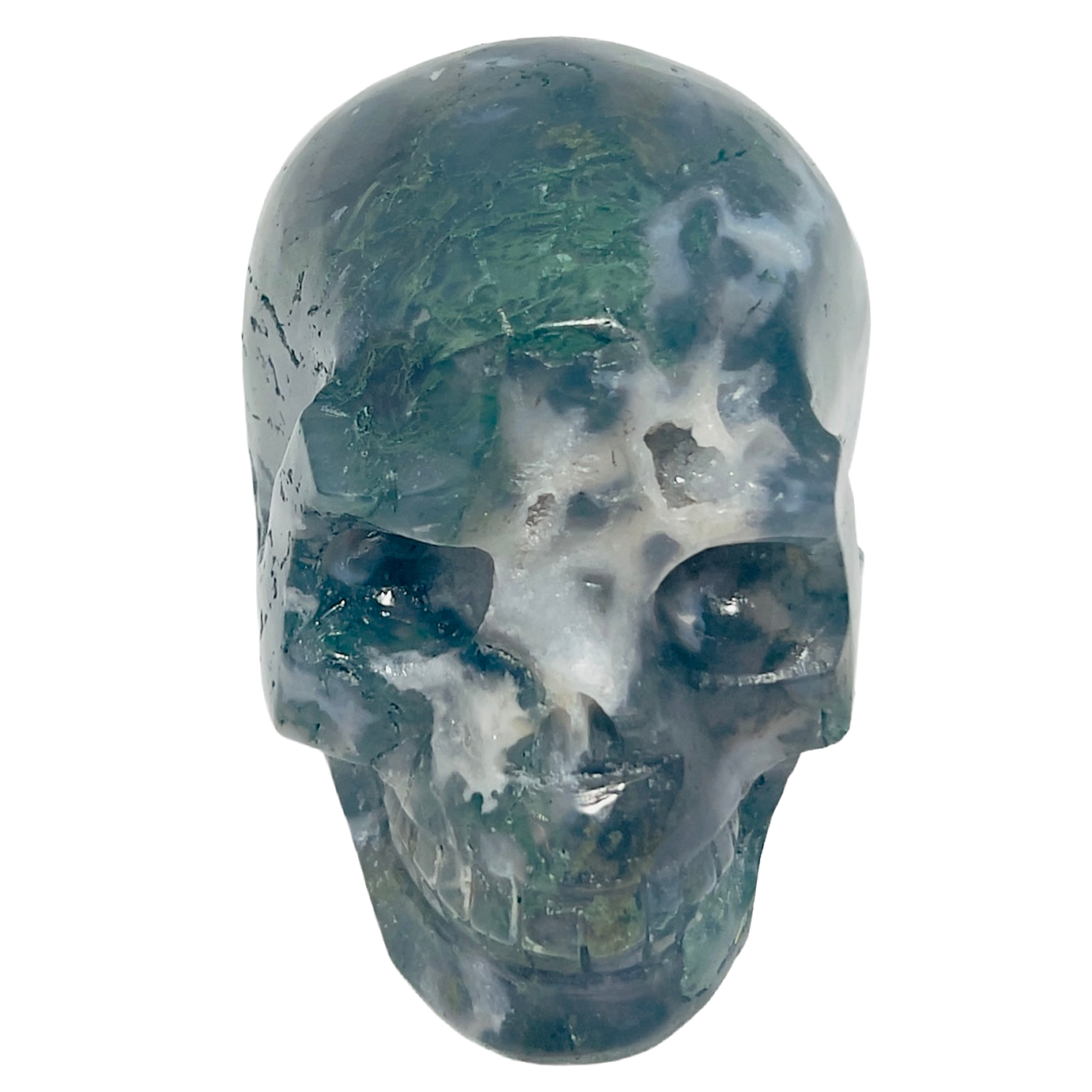 Moss Agate Skull Healing Crystal Carving 647g