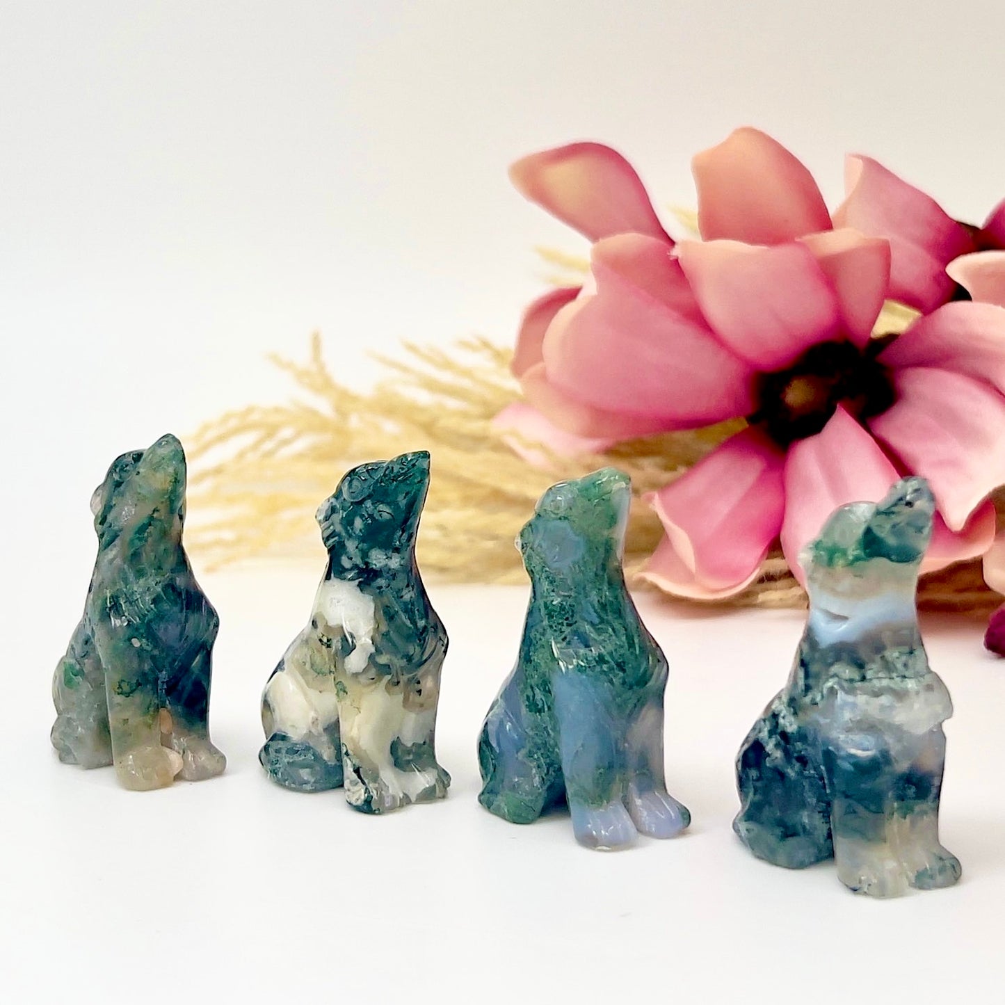 Small Moss Agate Wolves Dogs Crystal Carvings Australian Seller