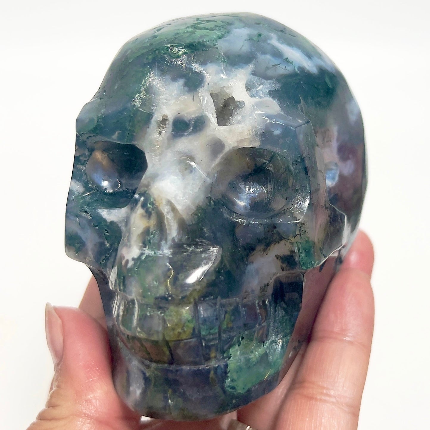 Moss Agate Skull Healing Crystal Carving 647g