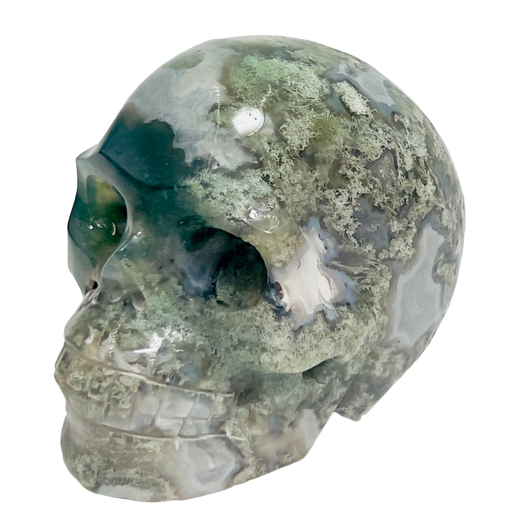 Moss Agate Skull Healing Crystal Carving 413g